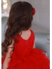 Beaded Red Lace Tulle Ruffle Flower Girl Dress Birthday Dress